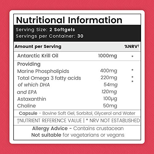 Aceite de Krill 1000 mg | Ácidos Grasos Omega 3, EPA y DHA, Apoya Salud Articulaciones, Cerebro y Piel | Concentración y Memoria Potente Antioxidante Con Astaxantina Natural, 60 Cápsulas