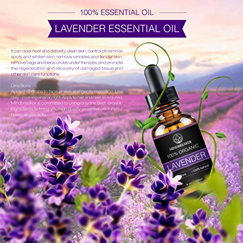 Aceite esencial de lavanda, Mindbreaker 100% el aceite esencial del grado terapéutico orgánico puro, consigue un mejor sueño, aromatherapy, antiinflamatorio, alivia dolores de cabeza (120 ml)