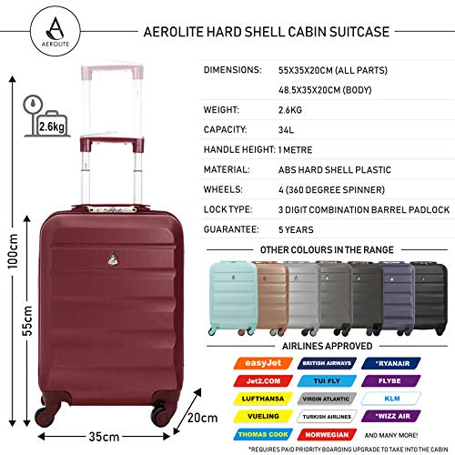 Aerolite ABS Maleta Equipaje de Mano Cabina rígida Ligera con 4 Ruedas, 55cm, Vino Rojo