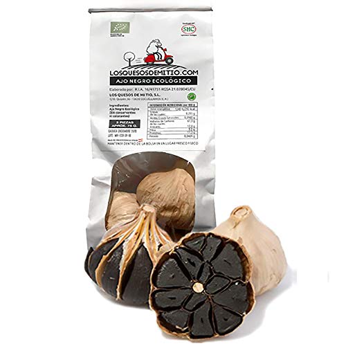 Ajo negro ecológico español de máxima calidad (6 cabezas de ajo negro al natural, aprox 170g), antioxidante y energizante natural con sabor a regaliz, textura blanda, agricultura ecológica de Losquesosdemitio (La Mancha)