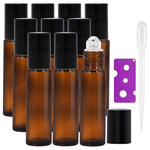 Alledominio, 10 Marrón Botellas de 10 ml de aceites Esenciales, Botellas de Vidrio ámbar Recargables con Bolas de Acero Inoxidable, Incluye 1 cuentagotas y abridor, aromaterapia, Fragancia