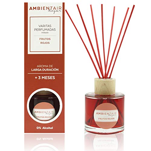 Ambientair Hogar. Difusor de Varillas perfumadas. Ambientador Mikado Frutos Rojos, Bayas Silvestres. Difusor 100 ml con palitos de ratán. Ambientador sin Alcohol para casa.