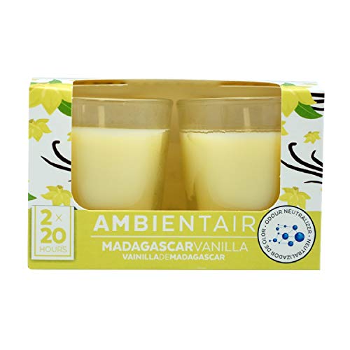 Ambientair. Velas aromáticas Aroma Vainilla. Dos Unidades. Velas perfumadas con Cera Vegetal y Perfume Natural con una duración Estimada de 20 Horas Cada una.