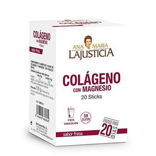 Ana Maria Lajusticia - Colágeno con magnesio – 20 sticks de 5g (sabor fresa) articulaciones fuertes y piel tersa. Regenerador de tejidos con colágeno hidrolizado tipo 1 y 2. Envase para 20 días.