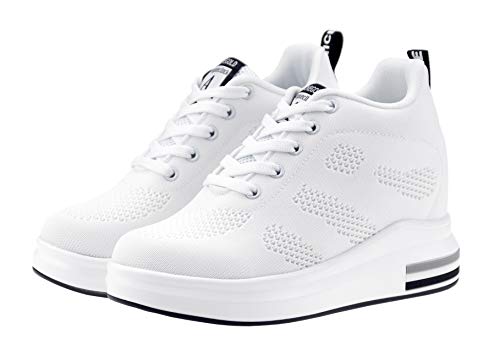 AONEGOLD® Zapatillas de Deporte Transpirables Zapatillas de Cuña para Mujer Alta Talón Plataforma 8cm Sneakers(Blanco,36 EU)