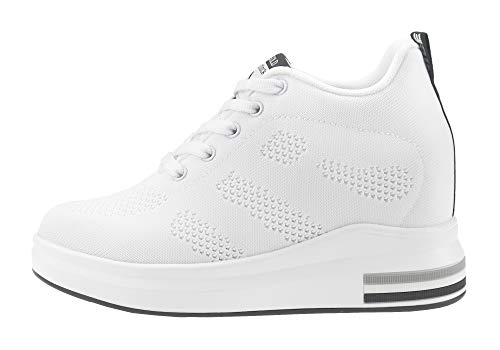 AONEGOLD® Zapatillas de Deporte Transpirables Zapatillas de Cuña para Mujer Alta Talón Plataforma 8cm Sneakers(Blanco,36 EU)