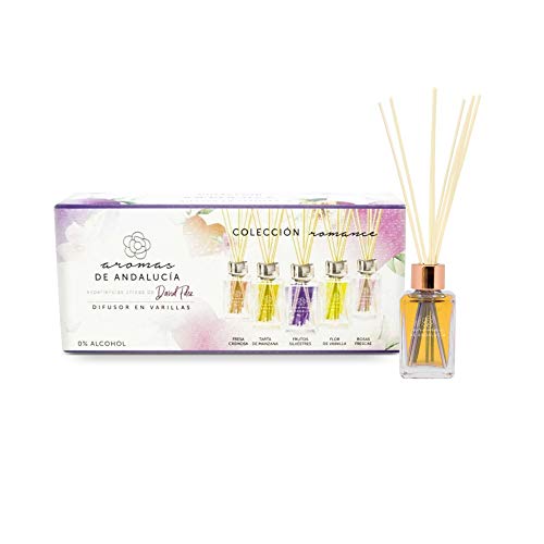 AROMAS DE ANDALUCIA, Ambientador, Mikado, Varillas, Colección Romance, Cristal, Fresa Cremosa, Tarta de Manzana, Frutos Silvestres, Flor de Vainilla, Rosas Frescas, 150ml 4.5x7.5x18 cm