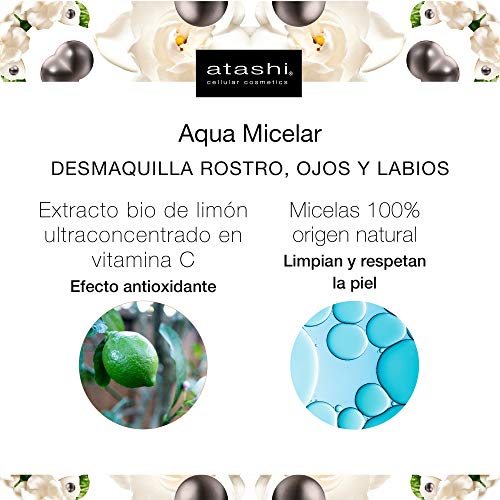 Atashi Antiedad - Agua Micelar | Purifica, Refresca y Tonifica la Piel | Desmaquilla Rostro, Ojos y Labios | Micelas de Origen 100% Natural | Extractos BIO de Limón con Vitamina C - 250ml