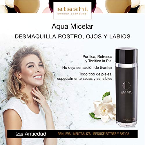 Atashi Antiedad - Agua Micelar | Purifica, Refresca y Tonifica la Piel | Desmaquilla Rostro, Ojos y Labios | Micelas de Origen 100% Natural | Extractos BIO de Limón con Vitamina C - 250ml