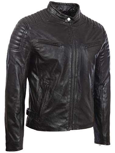 Aviatrix Chaqueta Biker de Moda de Cuero Real para Hombre con Diseno de Hombros Acolchados (T86N)