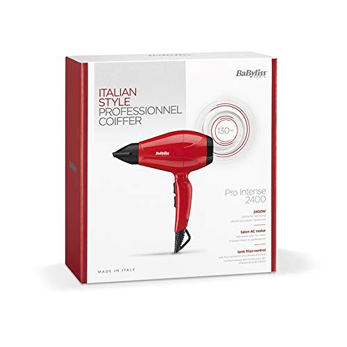 BaByliss 6615E Secador de Pelo Profesional 2400 W, Motor AC, Iónico, 2 Ajustes de Temperatura, 2 Velocidades y Aire Frío, 2 Boquillas Estrechas, Rojo