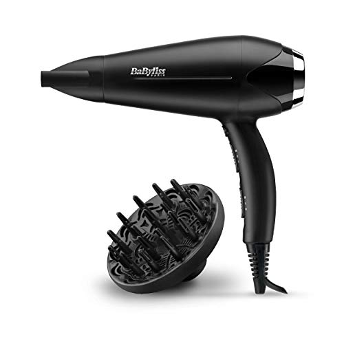 BaByliss D572DE Secador de pelo iónico con motor DC 2200W de potencia, 2 velocidades y 2 temperaturas más botón de aire frío, incluye boquilla estrecha y difusor, peso ligero 409 g, negro