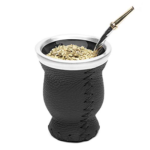 BALIBETOV Mate Argentino - Set de Mate de Vidrio Forrado en Cuero - Alternativa Mate de Calabaza - con Bombilla (Sorbete) para Yerba Mate. (Negro)