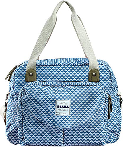 BÉABA Genève II - Bolso Cambiador, Modulable, Múltiples Compartimentos, Estuche Delantero Extraíble, Colchón Cambiador, Bolsa de Comida Isotérmica, Sistema de Enganche para Cochecitos - Azul/Gris