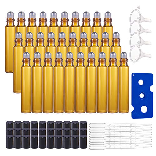 BENECREAT 30 Pack 10ml Botella de Vidrio Botellas de Rodillos de Aceites Esenciales Equipado con Cubierta Negra y 10 Pipetas, 4 Embudos, 1 Abridor