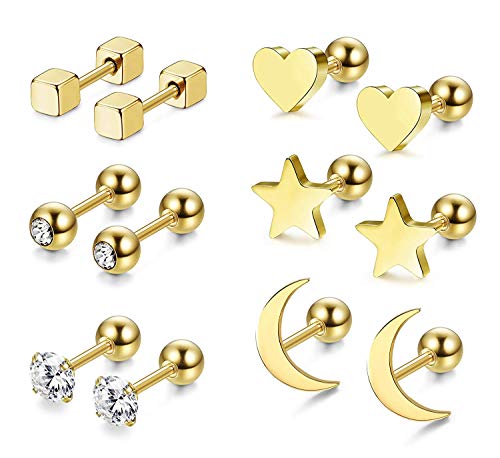 BESTEEL 6 Pares Acero Inoxidable Pendientes de Estrella Luna y Corazón de las Mujeres Aretes Pendientes Piercing Cartilago Joyería de Moda