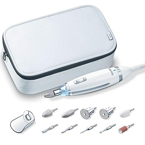 Beurer MP62 - Set manicura pedicura Profesional, luz LED, 10 accesorios incluidos, velocidad ajustable, giro hacía derecha/izquierda, color blanco