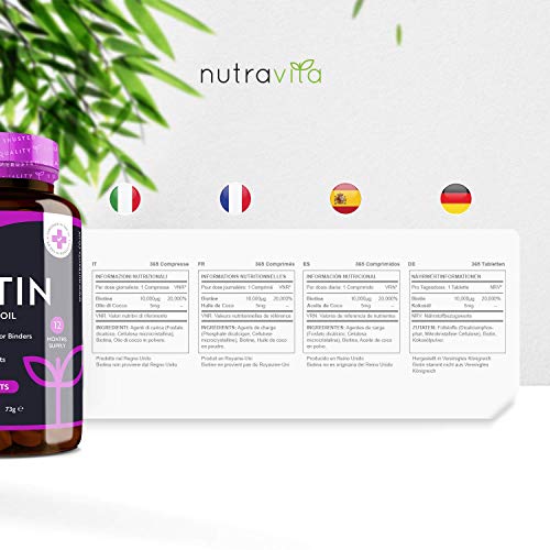 Biotina con Aceite de Coco - Biotina 10000 mcg para Crecimiento del Cabello y uñas - Vitamina B7 para un mejor resultado - 365 Tabletas (Suministro para 1 año) - Hecho en el Reido Unido por Nutravita