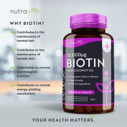 Biotina con Aceite de Coco - Biotina 10000 mcg para Crecimiento del Cabello y uñas - Vitamina B7 para un mejor resultado - 365 Tabletas (Suministro para 1 año) - Hecho en el Reido Unido por Nutravita