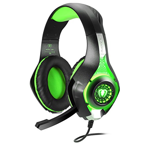 BlueFire Cascos Gaming, Auriculares Gaming PS4 con Micrófono Mac Estéreo Juego Gaming Jack 3,5mm LED Bajo Ruido Compatible con PC/Xbox One/Móvil (Verde)