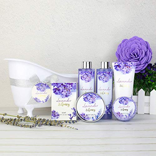 Body & Earth Set de Regalo de Baño para Mujer, Set de Regalos Originales con 8 Piezas, Fragancia Lavanda y Miel, Regalos para Mujer para Spa Relajante