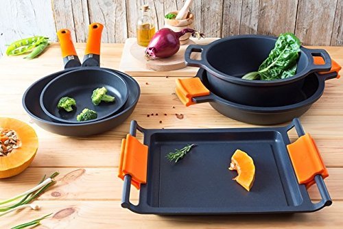 BRA Efficient Orange - Set de 3 sartenes, aluminio fundido con antiadherente tricapa libre de PFOA, para todo tipo de cocinas incluida inducción y vitrocerámica, aptas para lavavajillas, 18-22-26 cm