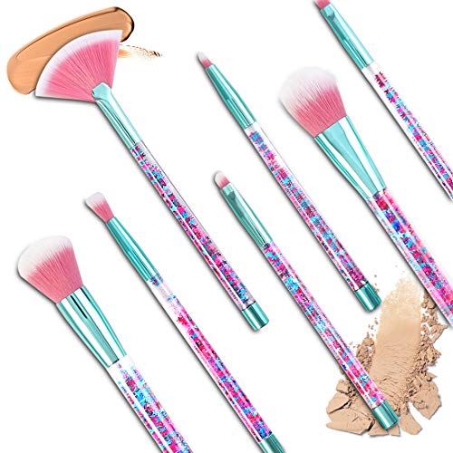 Brochas de Maquillaje 7 Piezas de HyAdierTech, Cerdas de Fibra Sintética Suaves y sin Crueldad, Detalle de Oro Rosa, Elegante de Bolsa de Almacenamiento de PV Incluido, Chispeante & Bling (Type 1) (A)