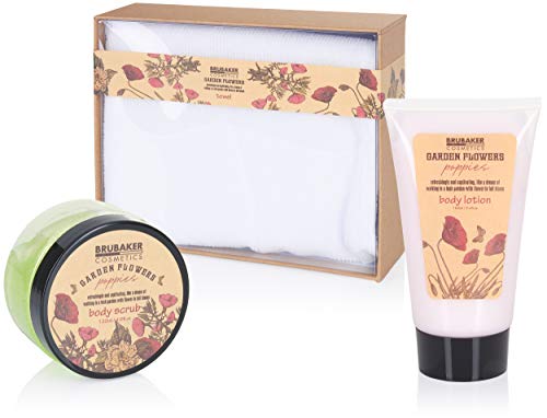 BRUBAKER Cosmetics Set de Baño y Ducha"Garden Flowers" - Fragancia de Flores de adormidera - Set de regalo de 14 piezas en una cesta - con cepillo de uñas