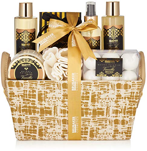 BRUBAKER Cosmetics Set de Baño y Ducha"Vanilla Golden Paradies" - Fragancia Rosas de Vainilla y Menta - Set de regalo de 14 piezas en caja con asa