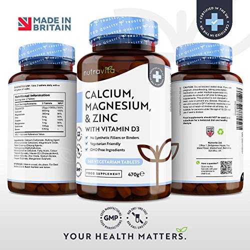 Calcio (800mg), Magnesio (360mg), Zinc y Vit D - 365 Tabletas Vegetarianas (6 Meses) - Para mantenimiento de Huesos, sistema inmunológico, función muscular normal y fatiga reducida - Hecho en Europe