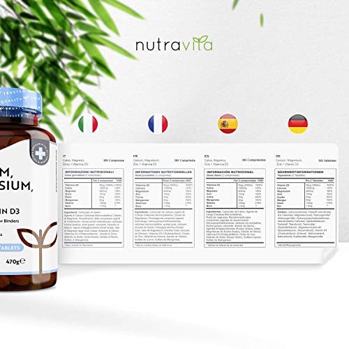 Calcio (800mg), Magnesio (360mg), Zinc y Vit D - 365 Tabletas Vegetarianas (6 Meses) - Para mantenimiento de Huesos, sistema inmunológico, función muscular normal y fatiga reducida - Hecho en Europe