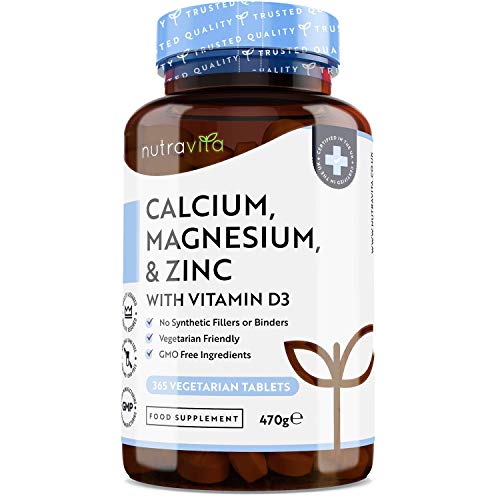 Calcio (800mg), Magnesio (360mg), Zinc y Vit D - 365 Tabletas Vegetarianas (6 Meses) - Para mantenimiento de Huesos, sistema inmunológico, función muscular normal y fatiga reducida - Hecho en Europe