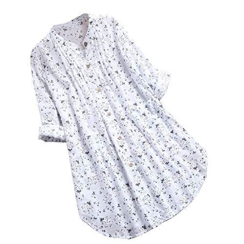 Camisa Mujer Playa Cuello Redondo Manga Larga Suelto algodón y Lino Camiseta Elegantes Arriba Casual Top Oficina Basica Primavera y Verano riou (Blanco, XXXXL)