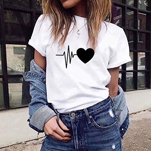 Camiseta de Mujer Manga Corta Corazón Impresión Blusa Camisa Cuello Redondo Basica Camiseta Suelto Verano Tops Casual Fiesta T-Shirt Original tee vpass