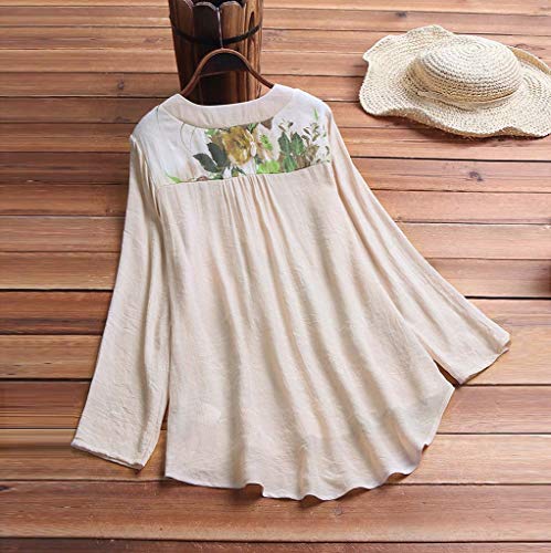 Camisetas Mujer Manga Larga SHOBDW 2019 Nuevo Cuello en V Tops de Túnica Blusas Suelto Estampado Floral Pullover Sexy Casual Verano Camisetas Mujer Tallas Grandes M-5XL(Beige,4XL)