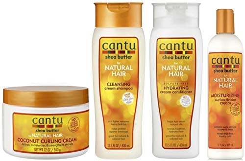 Cantu Crema de rizo de coco 12oz con champú y acondicionador sin sulfato 12oz y manteca de karité Crema hidratante de rizo activador 12oz