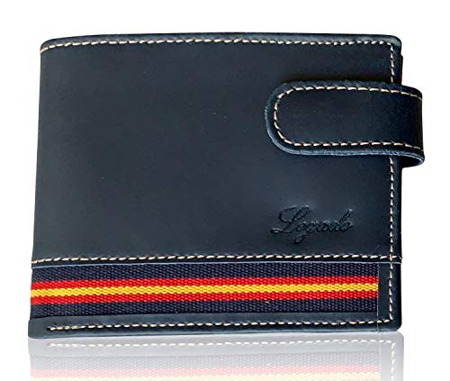 Cartera Hombre Marino Piel tratada LEGADO con Bandera España Cartera Ubrique Regalo Pulsera Bandera de España (Horizontal Marino con Broche)