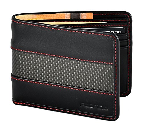 Cartera Negra para Hombre | Piel y Carbono | Bloque de RFID | POCARDO Stripe (sin Bolsillo para Monedas/Costura Roja)