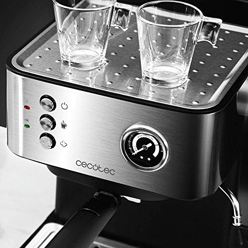 Cecotec Power Espresso 20 Professionale Cafetera. 20 Bares, Manómetro, Depósito de 1,5L, Brazo Doble Salida, Vaporizador, Superficie Calientatazas, Acabados en Acero Inoxidable, 850W