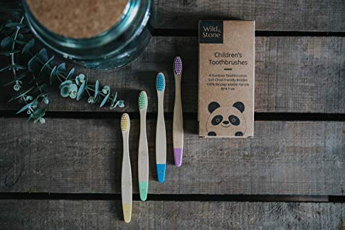 Cepillo de dientes de bambú orgánico para niños | Cuatro colores | Cerdas firmes de fibra de carbono | Mango 100% biodegradable | Cepillos de dientes veganos orgánicos | de Wild & Stone