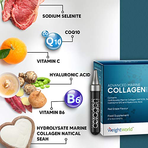 Colágeno Marino Hidrolizado con Ácido Hialurónico Bebible Dosis Alta 5000mg | Suplemento Natural Antiarrugas, Vitamina C y Zinc, Para Piel, Cabello, Articulaciones, 21 x 10ml Ampollas, WeightWorld