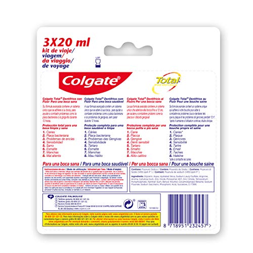 Colgate Total Original, Pasta de dientes para viajes, 12h, Pack 6 uds x 3 ud (20 ml)