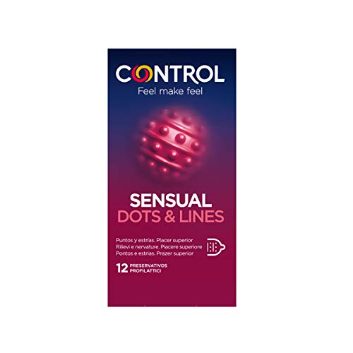 Control Preservativos Sensual Dots & Lines - Caja de condones, con puntos y estrías para la estimulación, lubricados y estriados, ajuste perfecto, sexo seguro, 12 unidades