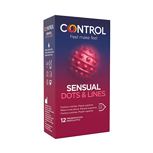 Control Preservativos Sensual Dots & Lines - Caja de condones, con puntos y estrías para la estimulación, lubricados y estriados, ajuste perfecto, sexo seguro, 12 unidades