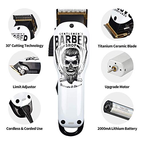 Cortapelos Profesional Hombres, BESTBOMG Máquina Cortar Pelo Kit Cuchilla de Titanio y Cerámica 6 Peine-guía, Cortadora de Pelo Batería Recargable de Litio 2000mAh (Blanco)