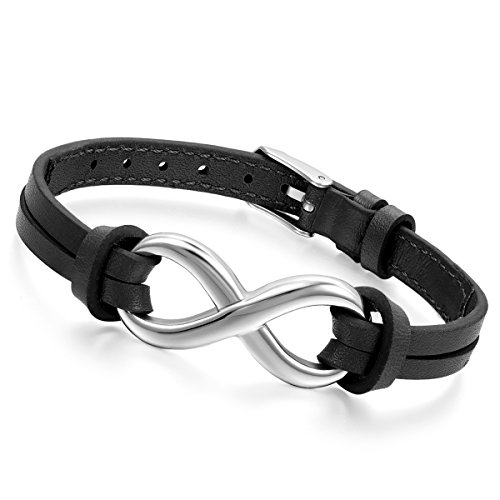 Cupimatch Pulsera Infinito Hombre Cuero Brazalete Acero Ajustable Pulsera Simbolo Infinito Amor Hombre Mujer Joyería de Moda Deligado (Negro)