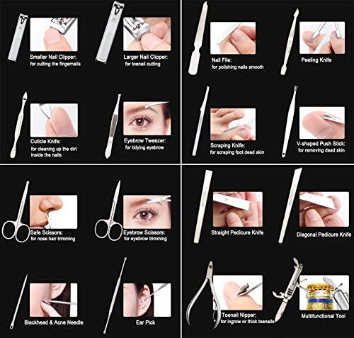 DEBAIJIA Conjunto de 16 Piezas Cortauñas y Herramienta Manicura Lujo Funda de Cuero Genuino, 430 Acero Inoxidable Cuidado Personal Belleza Facial Profesional Manicura & Pedicura (Blanco)