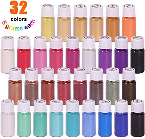 Dewel 32 Botes 5g pigmentos en polvo de Mica para teñir resina epoxi transparente,colorante jabon, bombas de baño, hacer slime, Maquillaje,uñas.