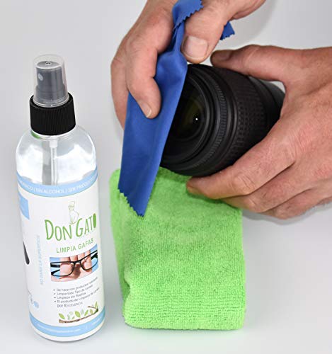 Don Gato - Liquido Limpiador en Spray para Gafas y Lentes (250 ml) + 2 paños de Micro Fibra. Fabricado en España con Productos Naturales, sin Alcohol, sin amoniaco.