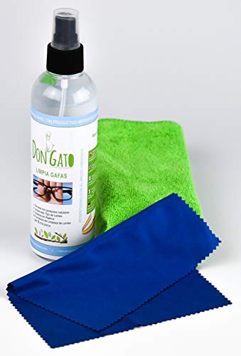 Don Gato - Liquido Limpiador en Spray para Gafas y Lentes (250 ml) + 2 paños de Micro Fibra. Fabricado en España con Productos Naturales, sin Alcohol, sin amoniaco.